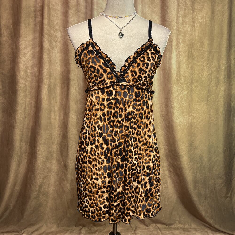 Y2K Animal Print Lingerie Dress Leopard Micro Mini Babydoll Empire Waist Mobwife